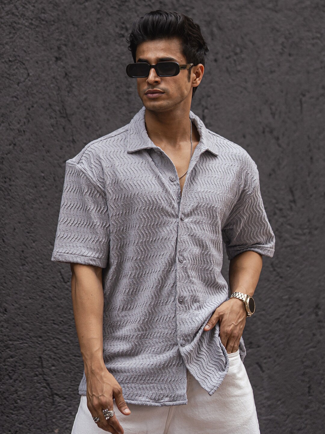 

Powerlook Grey India Slim Oversized Fit Self Design Textured Spread Collar Shirt