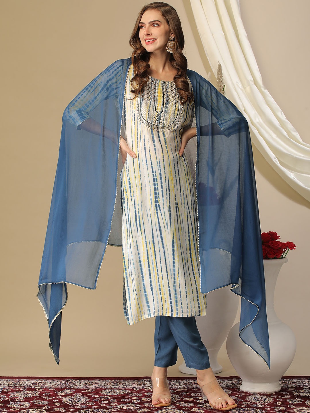 

KALINI Striped Printed Regular Kantha Work Kurta With Trousers & Dupatta, Turquoise blue