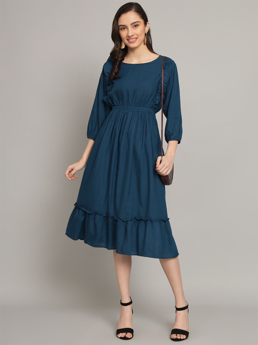 

Femvy Puff Sleeves Fit & Flare Midi Dress, Blue