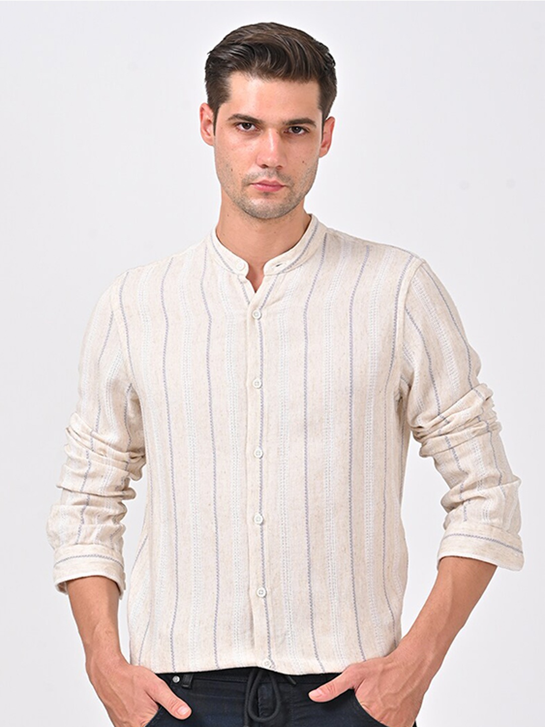 

POE Smart Slim Fit Striped Cotton Casual Shirt, Beige