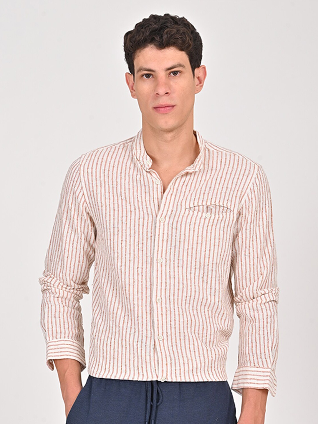 

POE Men Smart Slim Fit Striped Cotton Casual Shirt, Orange