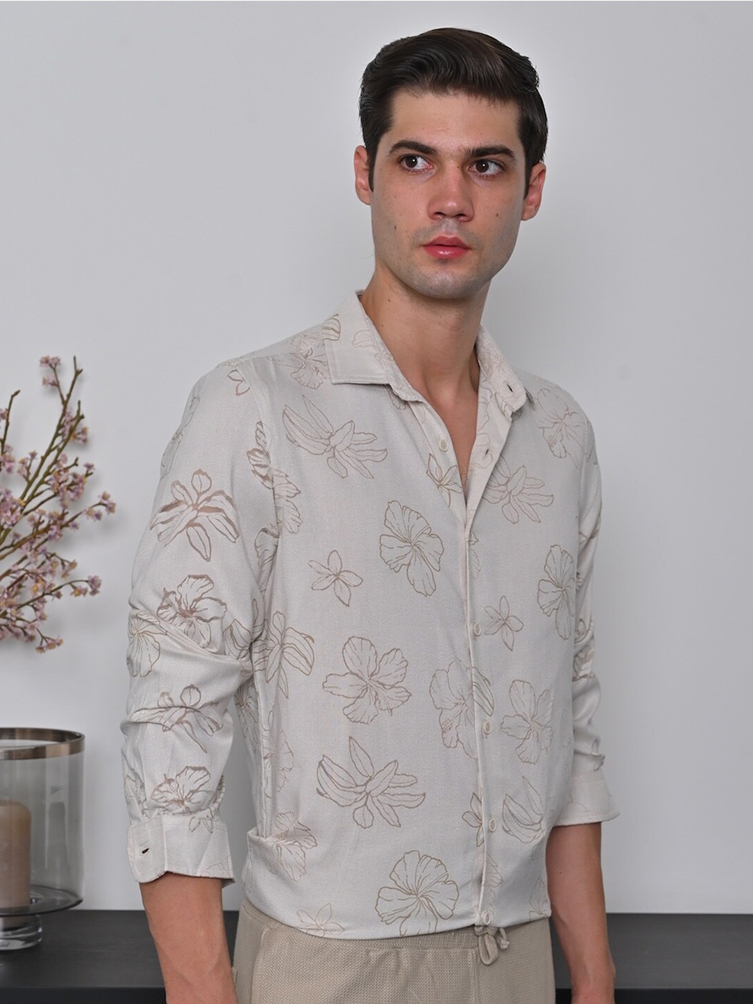 

POE Smart Slim Fit Floral Printed Casual Shirt, Beige