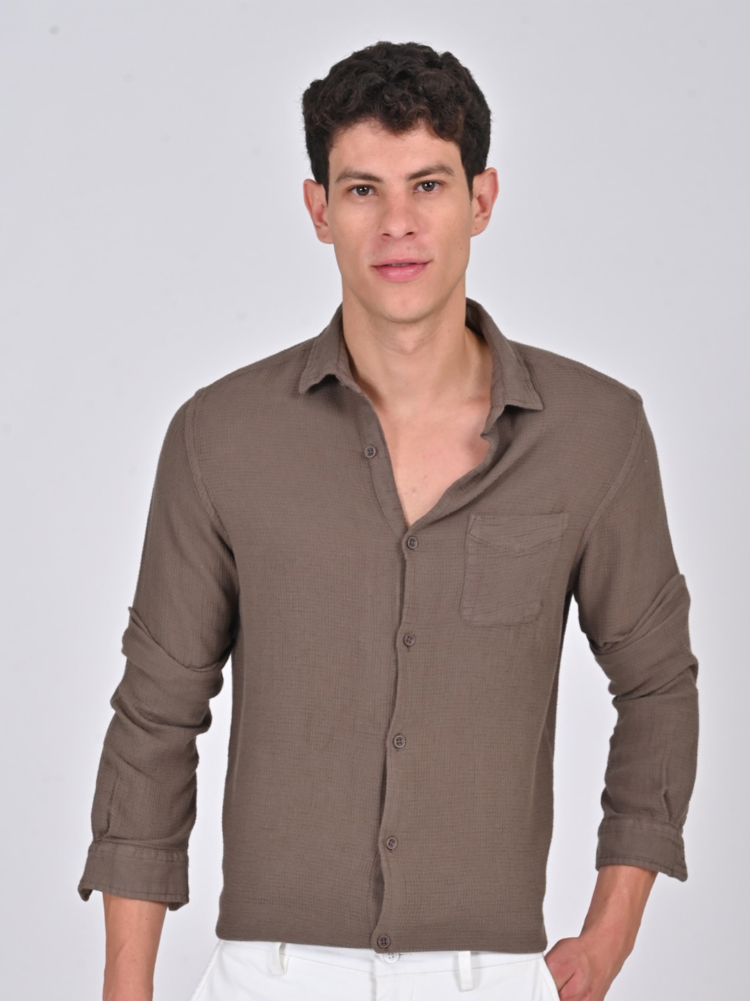 

POE Smart Spread Collar Slim Fit Cotton Casual Shirt, Brown