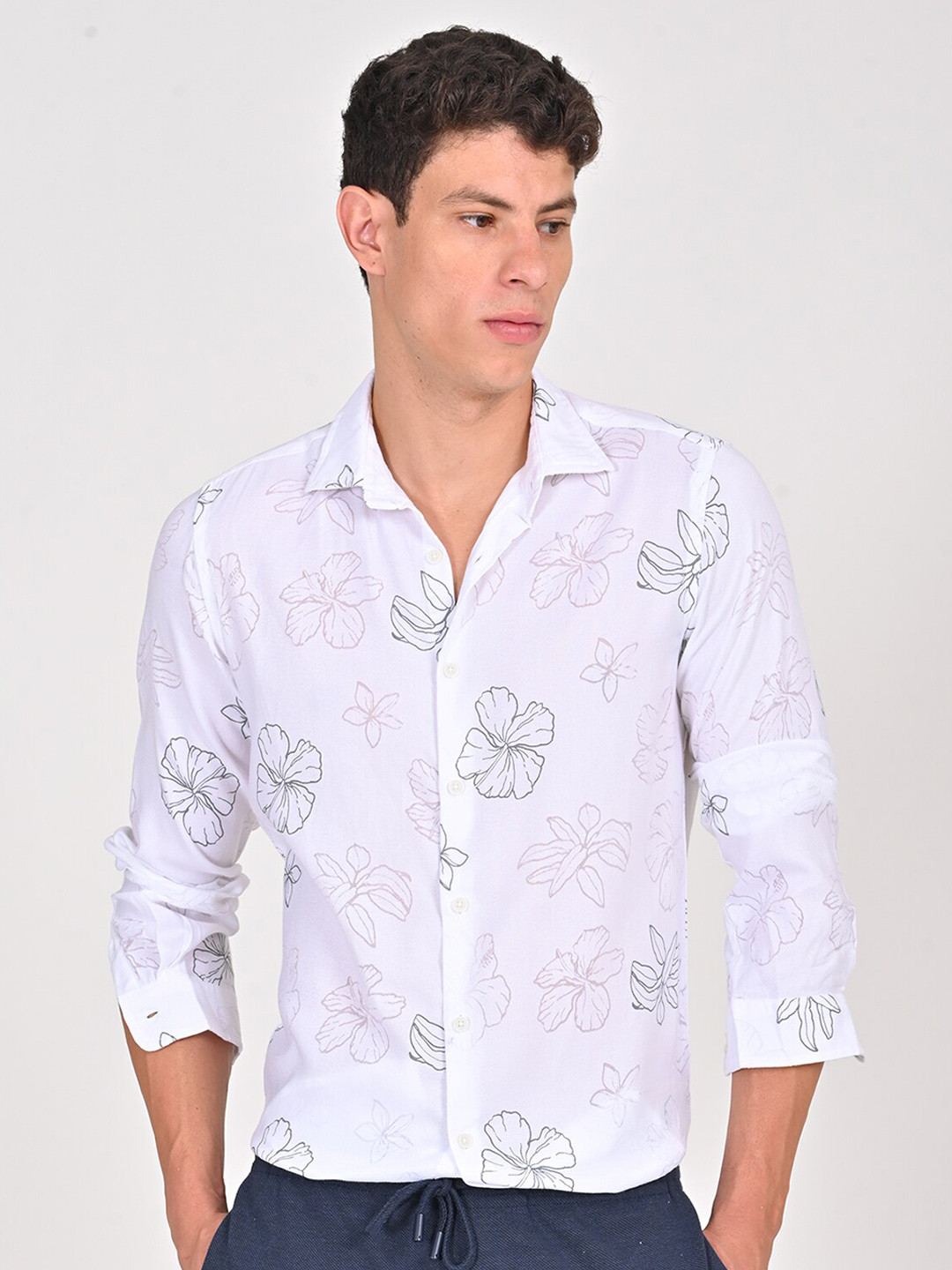 

POE Smart Slim Fit Floral Printed Cotton Casual Shirt, White