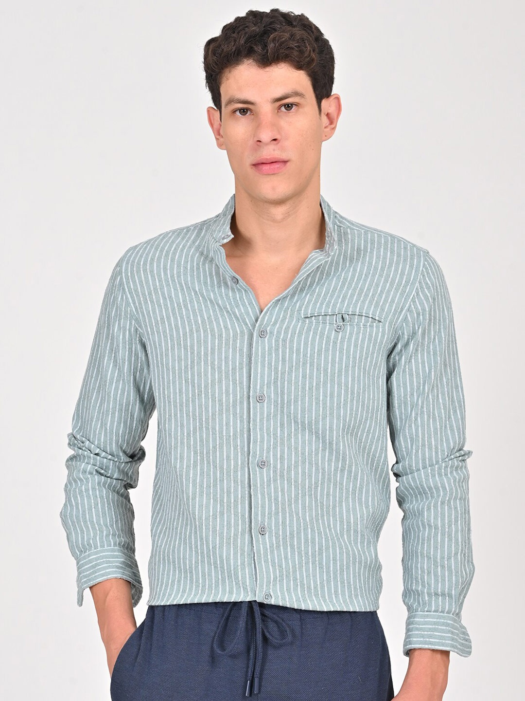 

POE Band Collar Long Sleeves Smart Slim Fit Cotton Striped Casual Shirt, Green