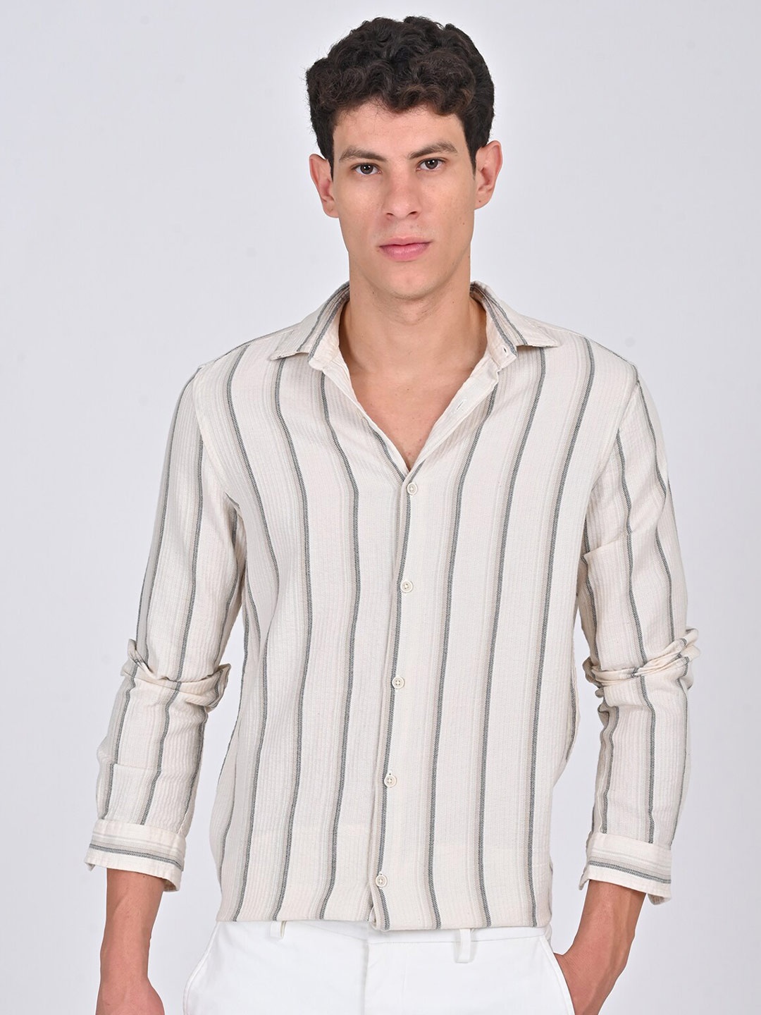 

POE Smart Spread Collar Slim Fit Striped Cotton Casual Shirt, Beige