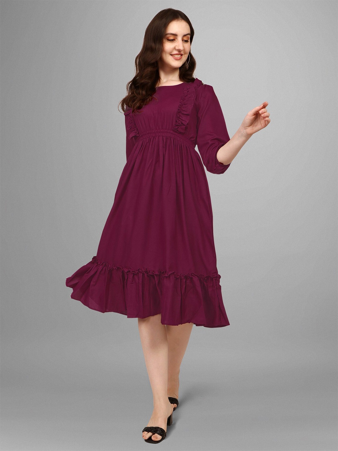 

Femvy Puff Sleeves Fit & Flare Midi Dress, Magenta