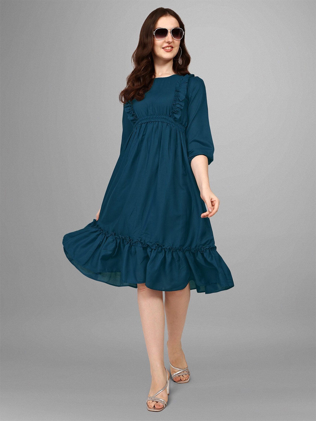 

Femvy Puff Sleeves Fit & Flare Midi Dress, Blue