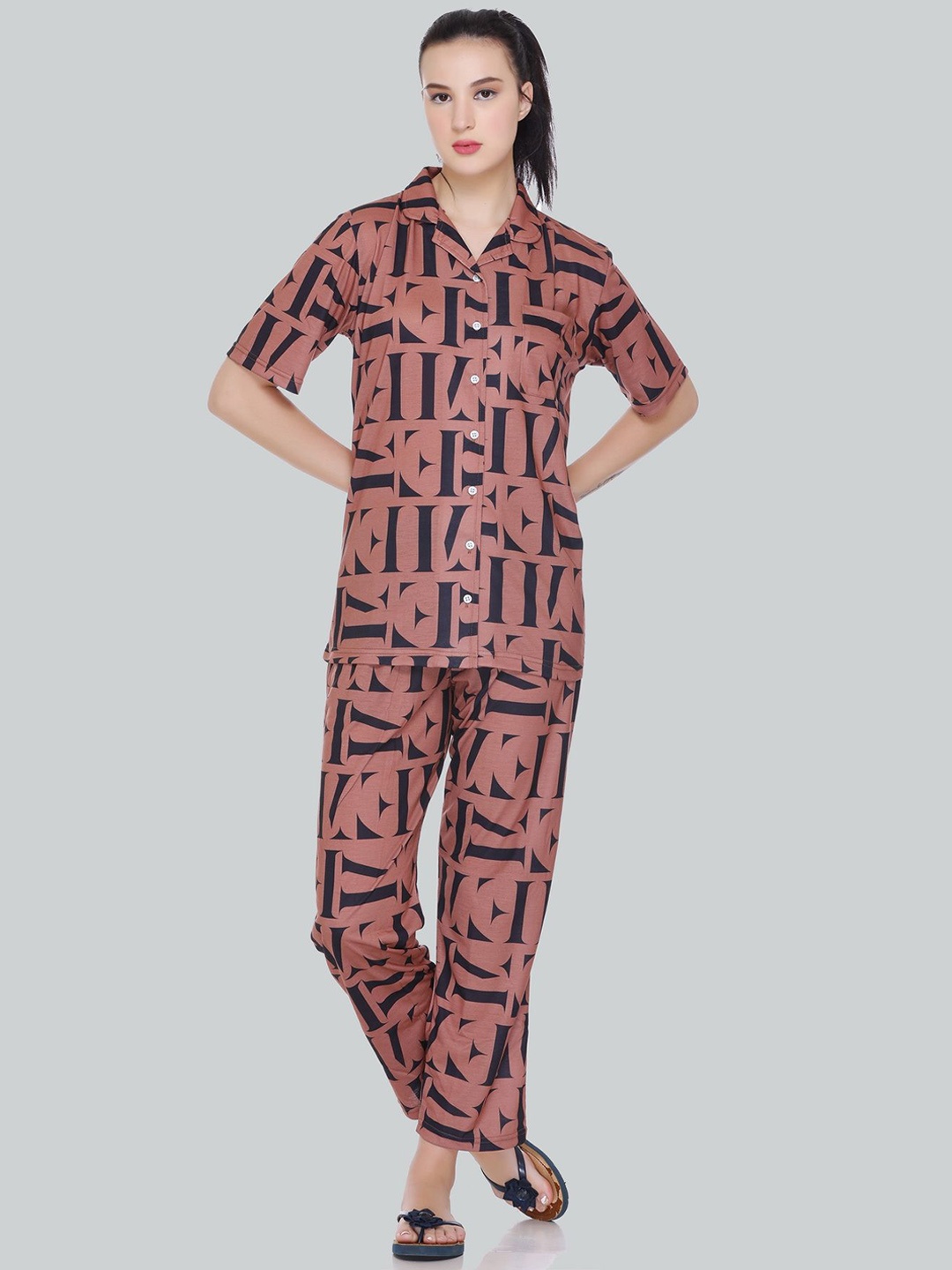 

BAESD Printed Night suit, Tan