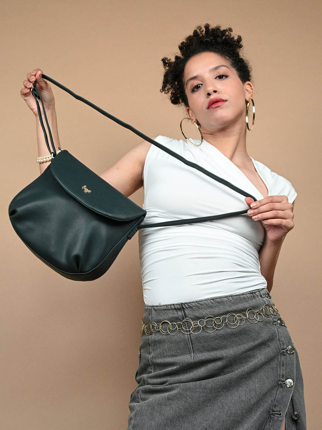 

Baggit Textured Zip Detail PU Half Moon Sling Bag, Green