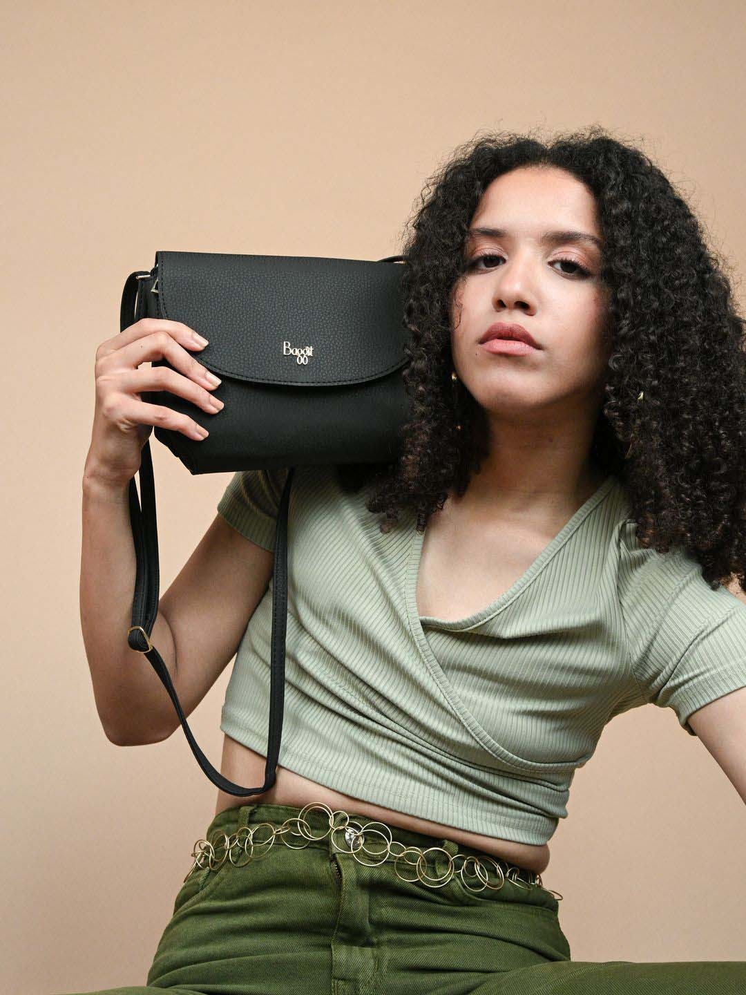 

Baggit Textured Zip Detail PU Structured Sling Bag, Black