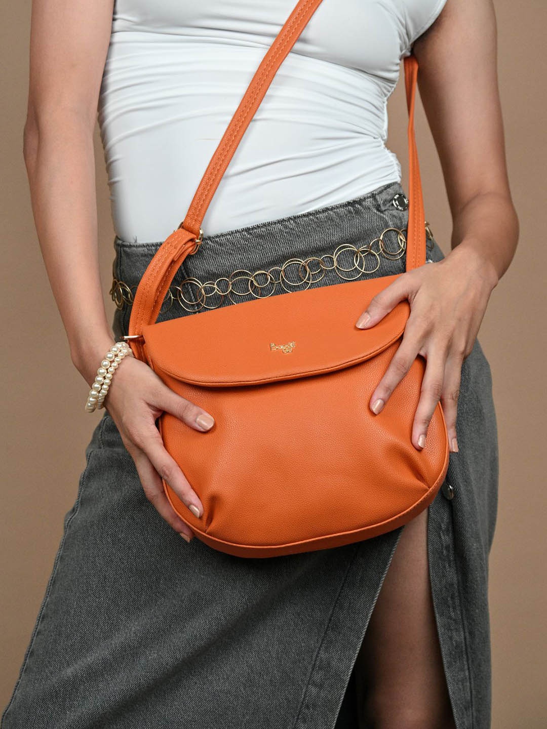 

Baggit Half Moon Sling Bag with Bow Detail, Orange