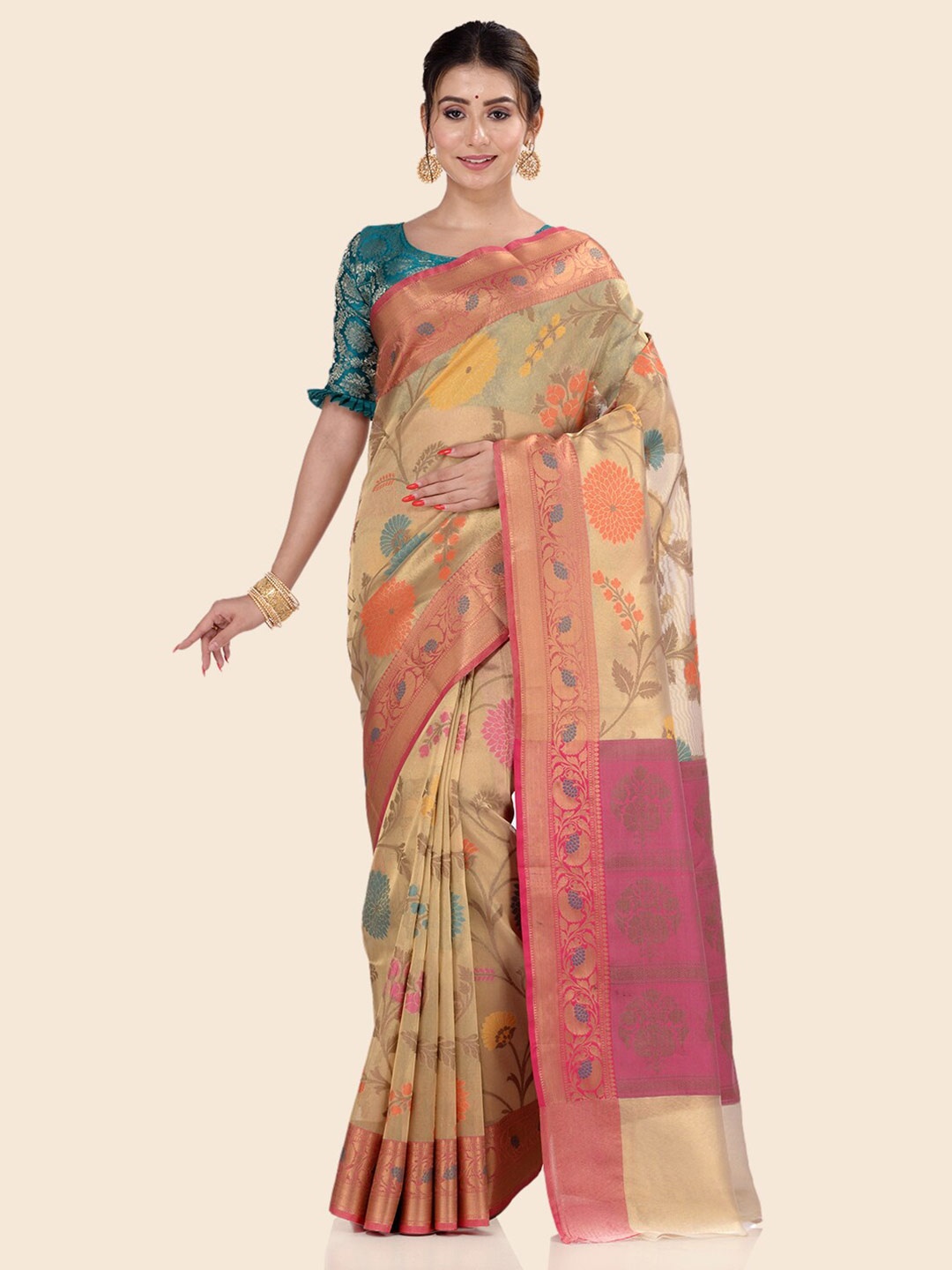 

BANARASI PATOLA Floral Zari Tissue Patola Saree, Beige