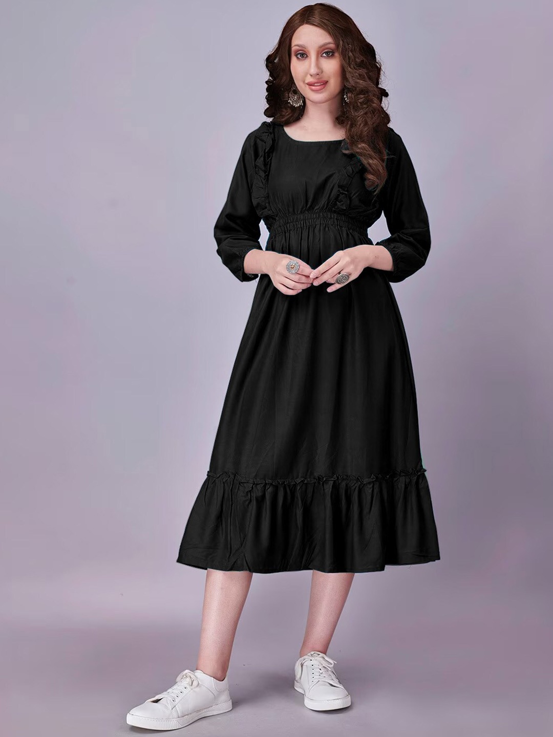 

Femvy Puff Sleeves Fit & Flare Midi Dress, Black