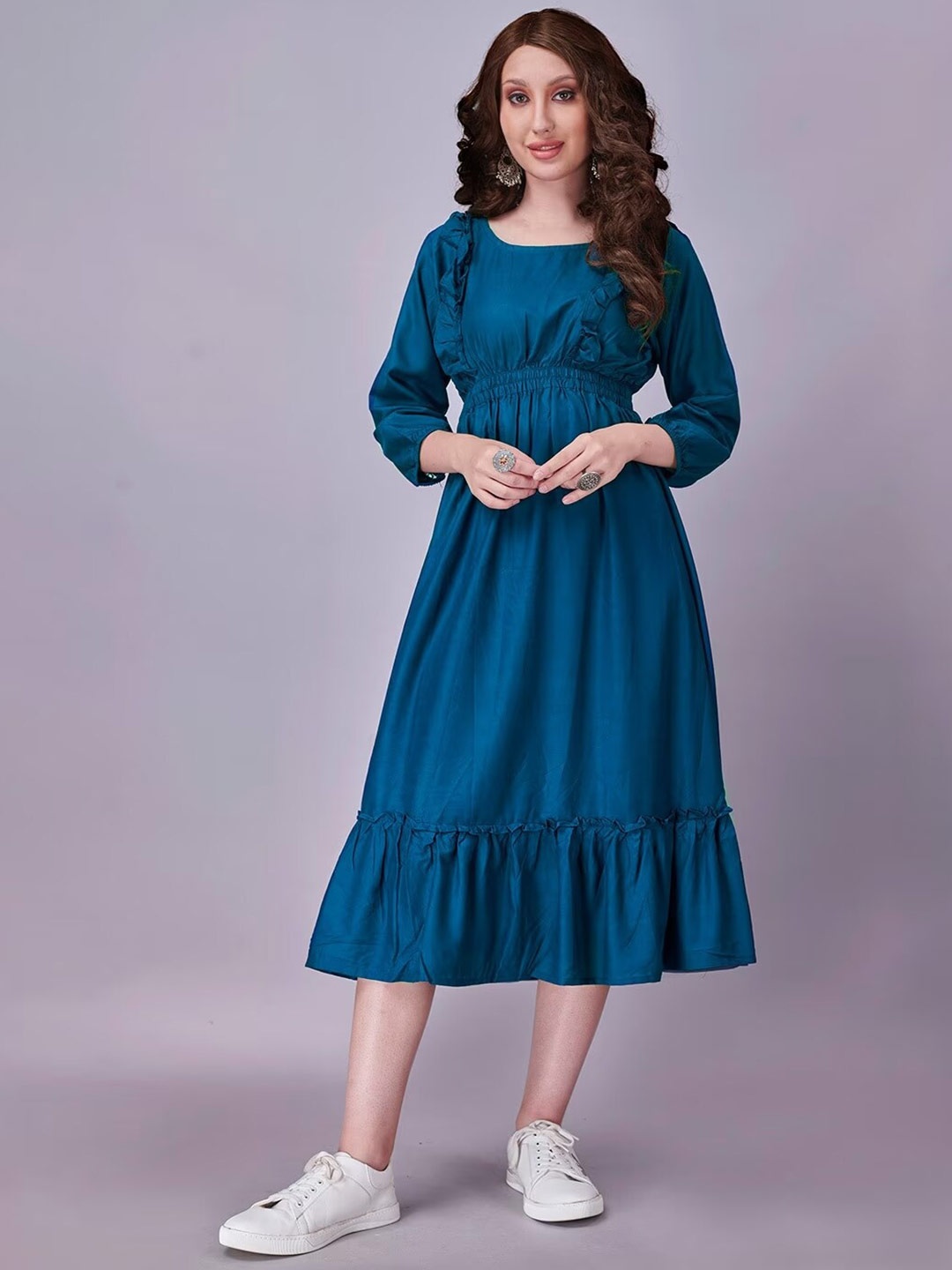 

Femvy Puff Sleeves Fit & Flare Midi Dress, Blue