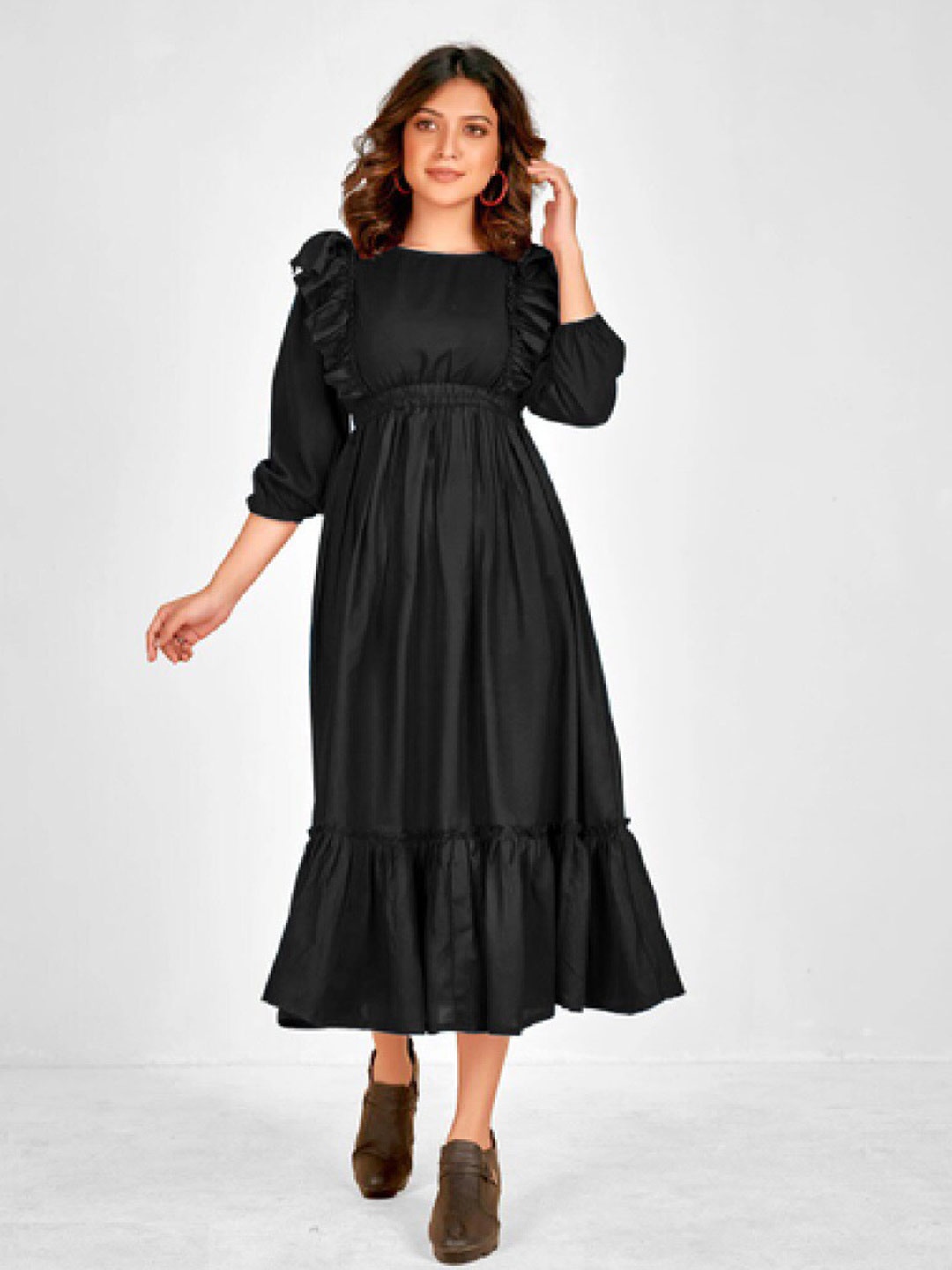 

Femvy Puff Sleeve Fit & Flare Midi Dress, Black