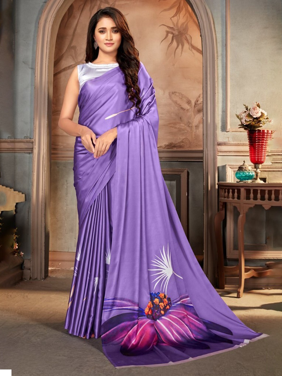 

MySilkLove Floral Printed Satin Saree, Purple