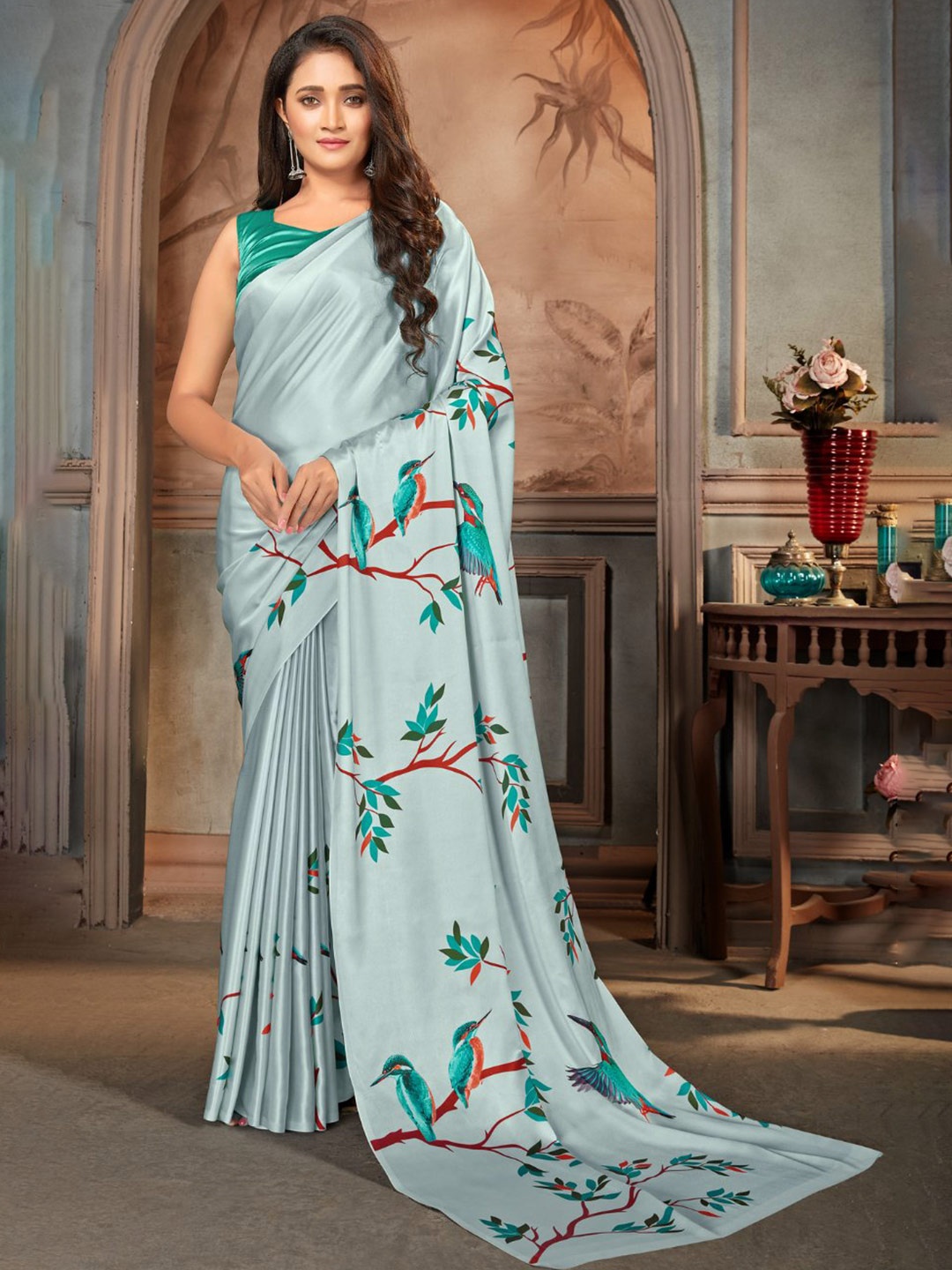 

MySilkLove Floral Satin Saree, Grey