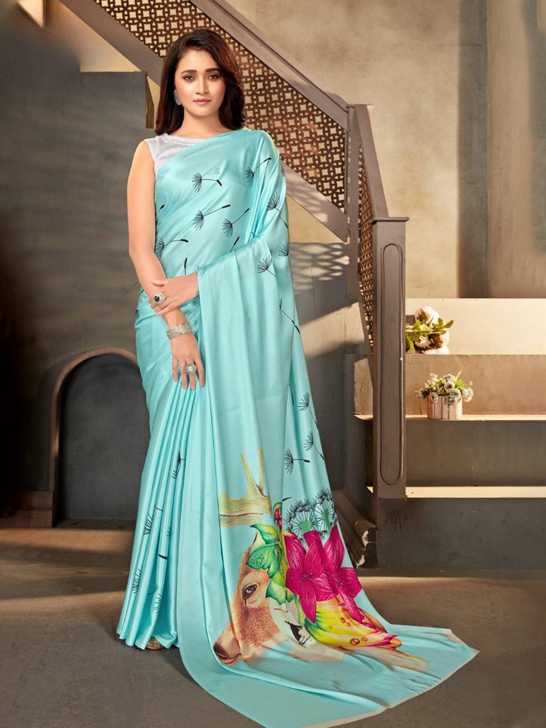 

MySilkLove Floral Satin Saree, Blue