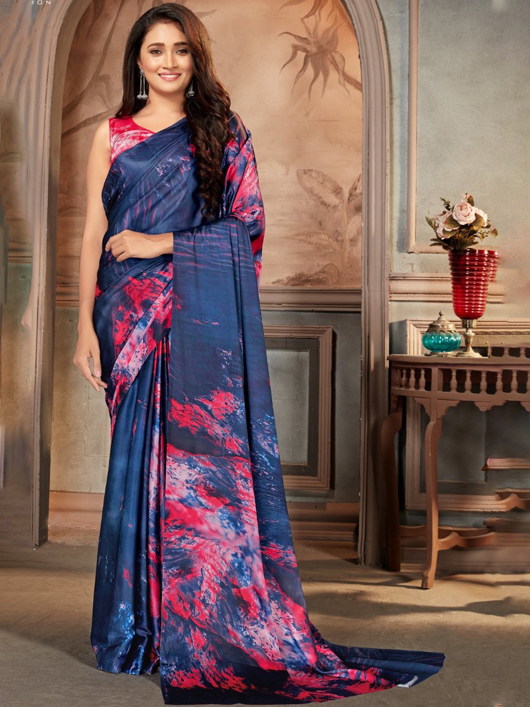 

MySilkLove Tie and Dye Satin Saree, Blue