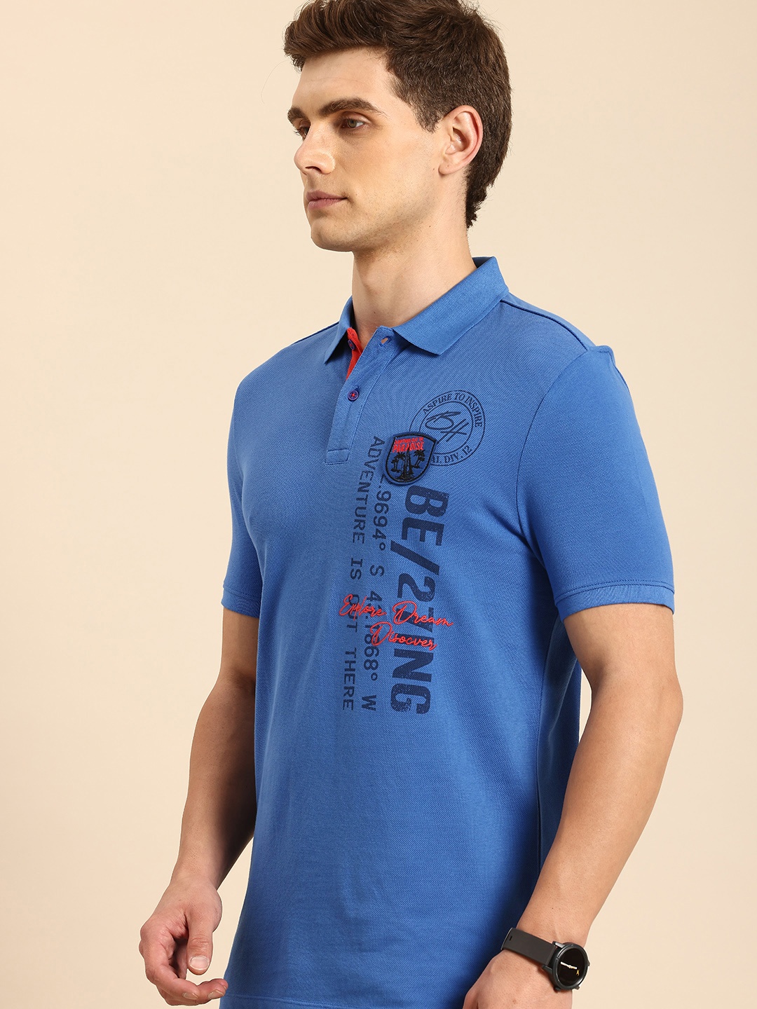 

Being Human Pure Cotton Typography Printed Polo Collar T-shirt, Blue