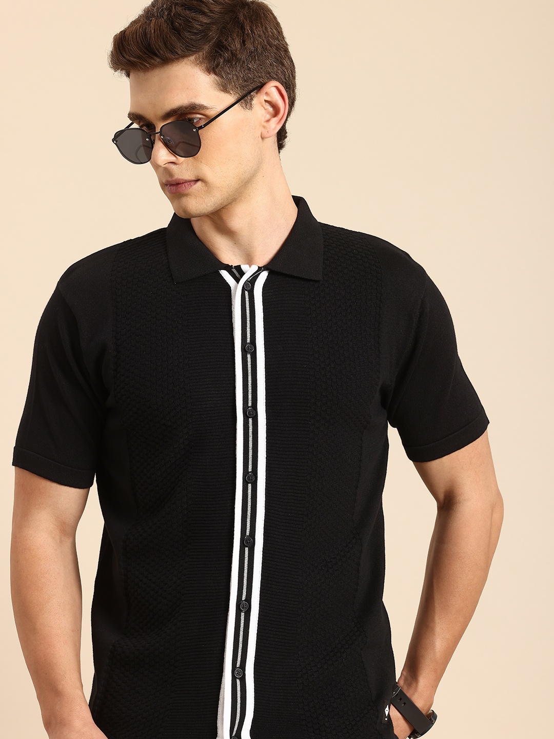 

Being Human Pure Cotton Self Design Textured Shirt, Black