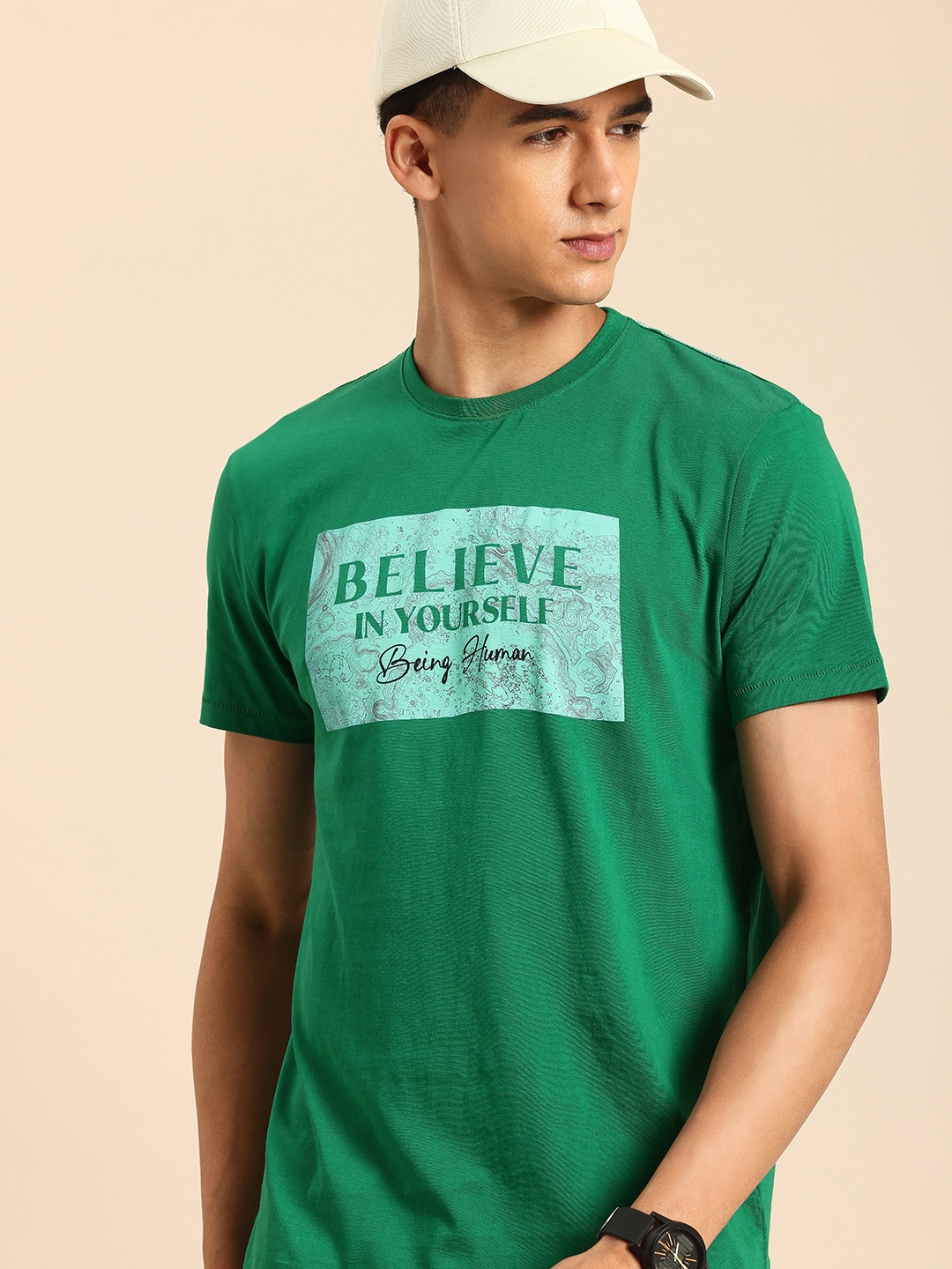 

Being Human Pure Cotton Typography Printed T-shirt, Green