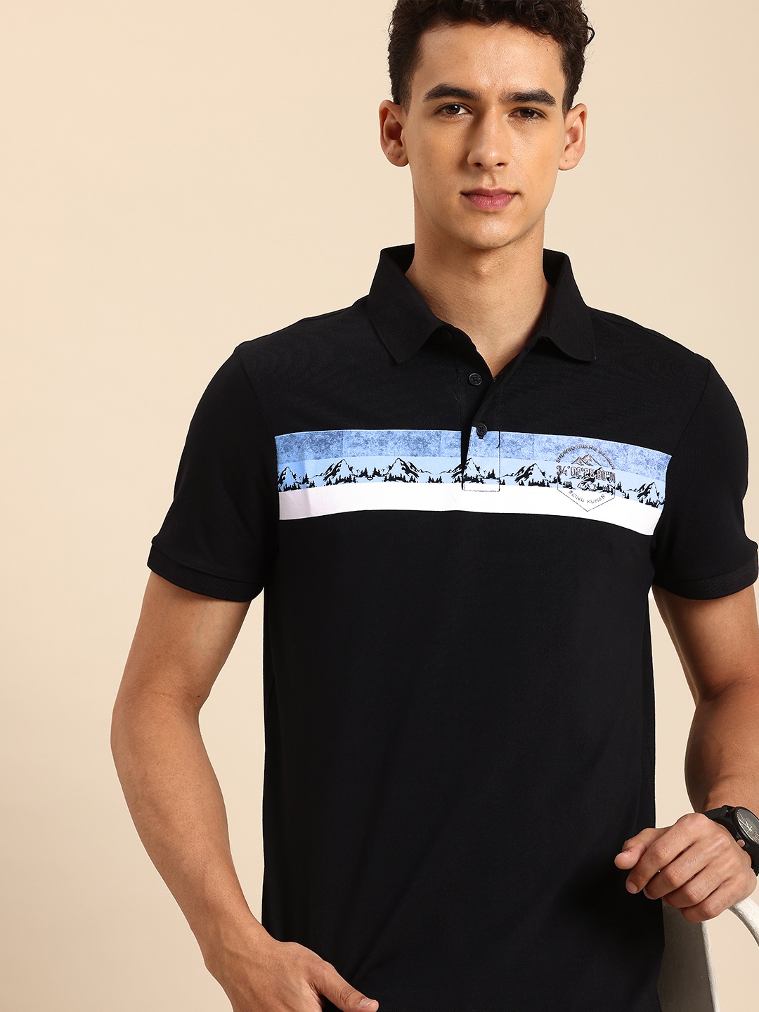 

Being Human Printed Polo Collar Pure Cotton T-shirt, Black