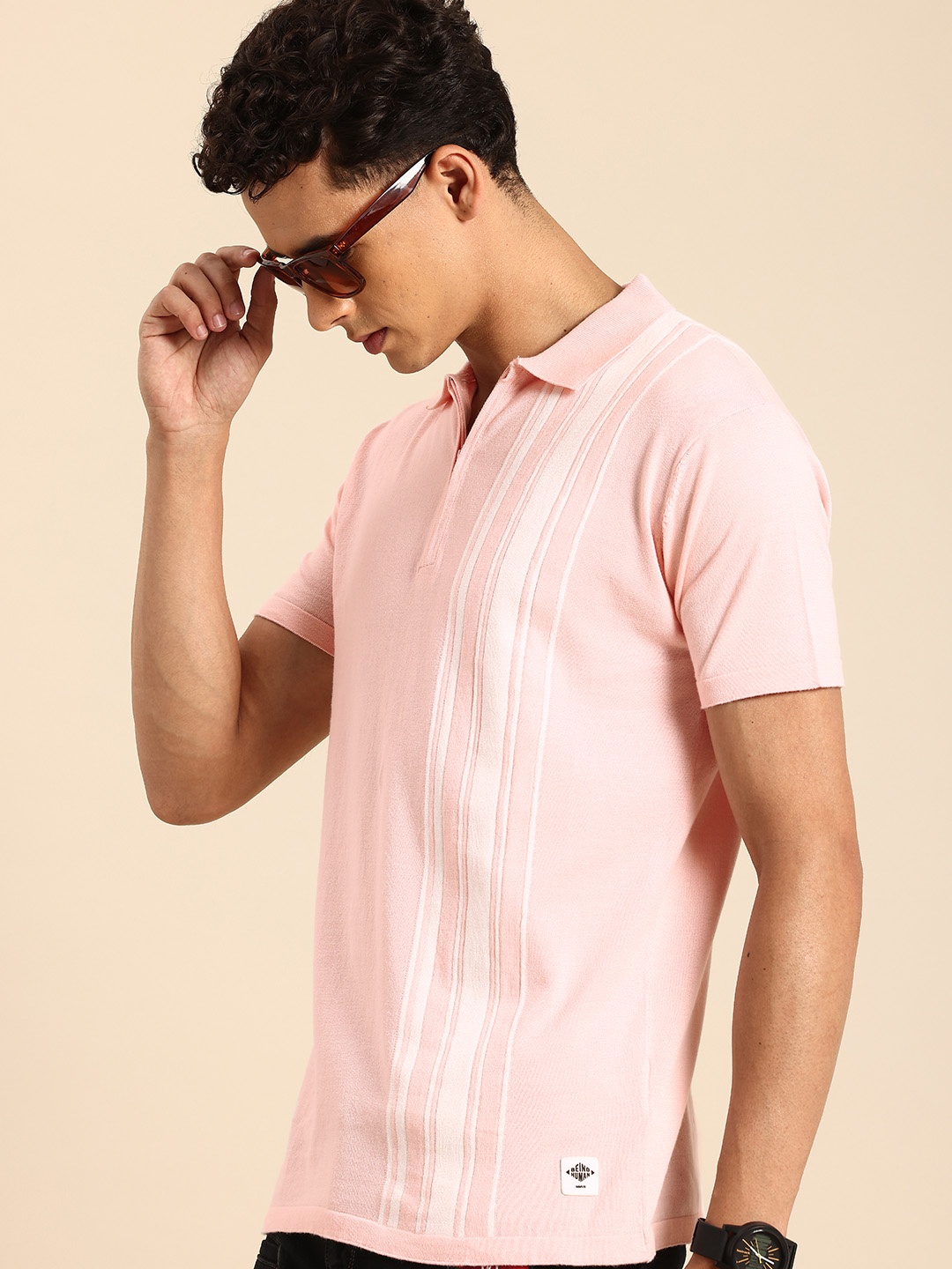 

Being Human Striped Polo Collar Pure Cotton T-shirt, Pink
