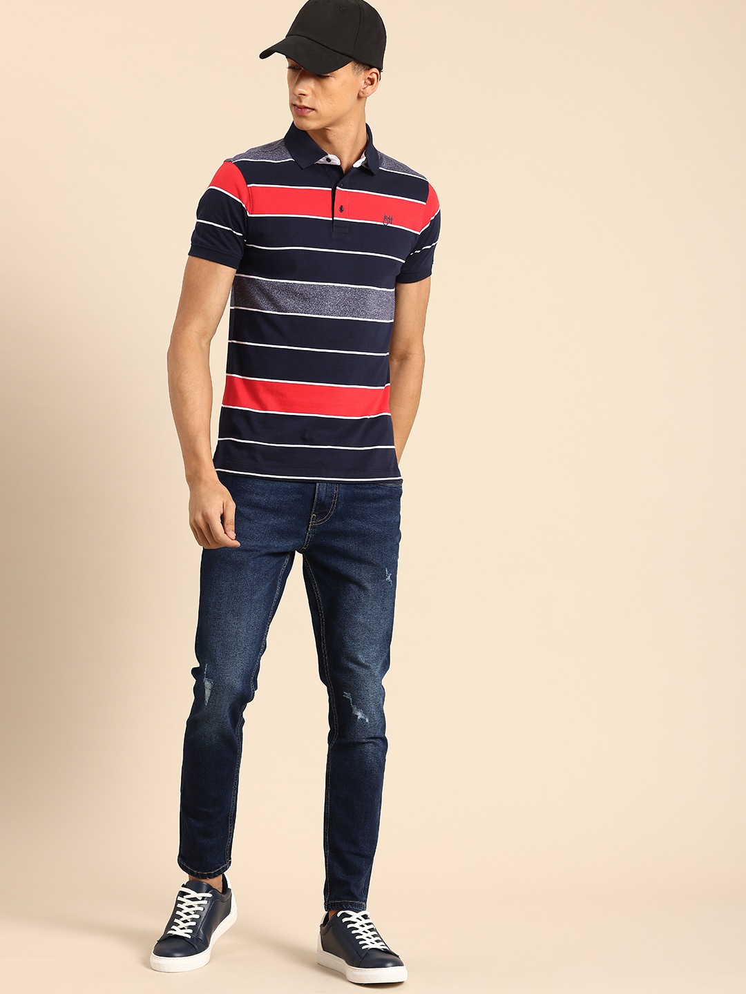 

Being Human Striped Polo Collar T-shirt, Navy blue