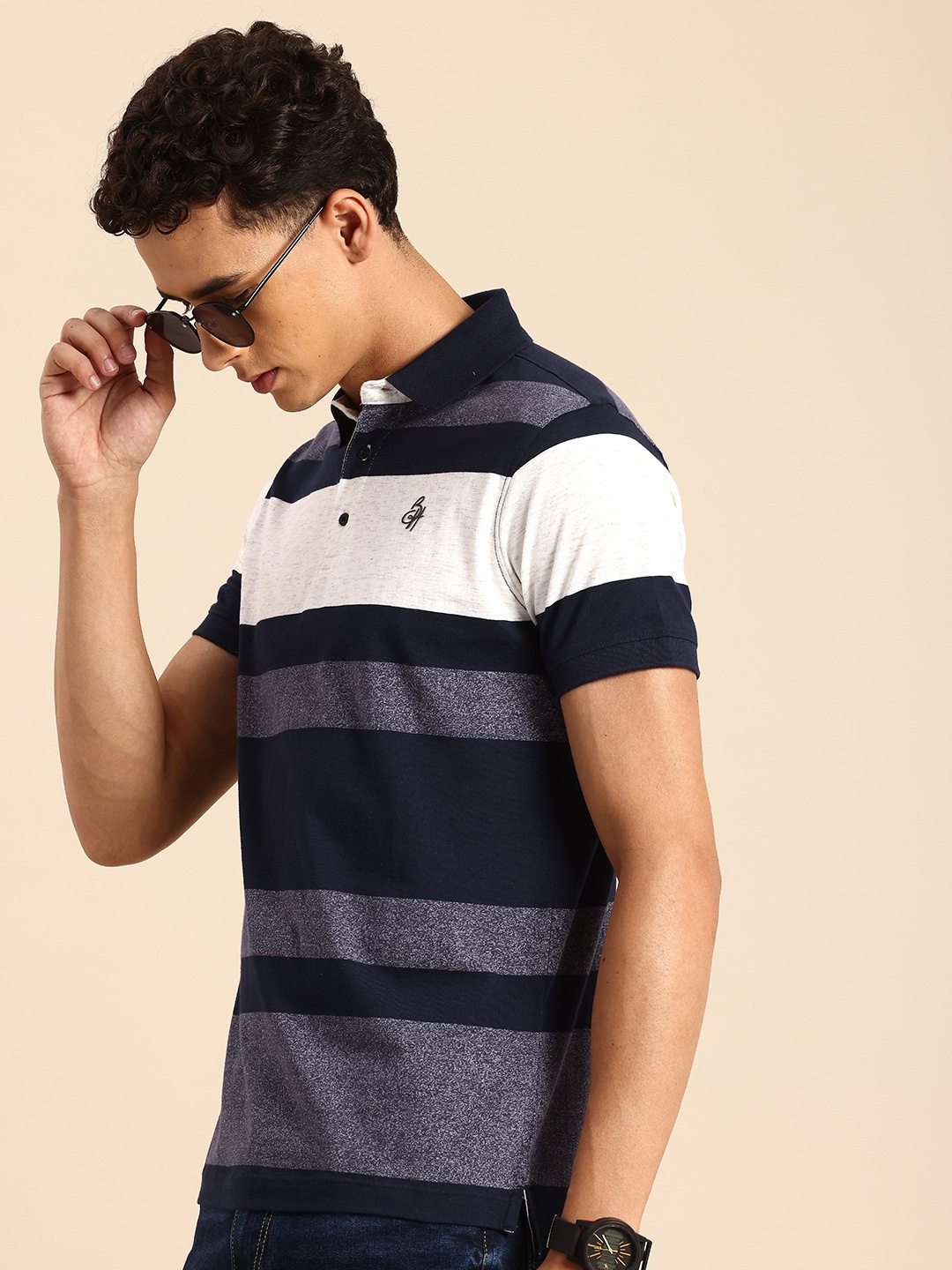 

Being Human Striped Polo Collar T-shirt, Navy blue