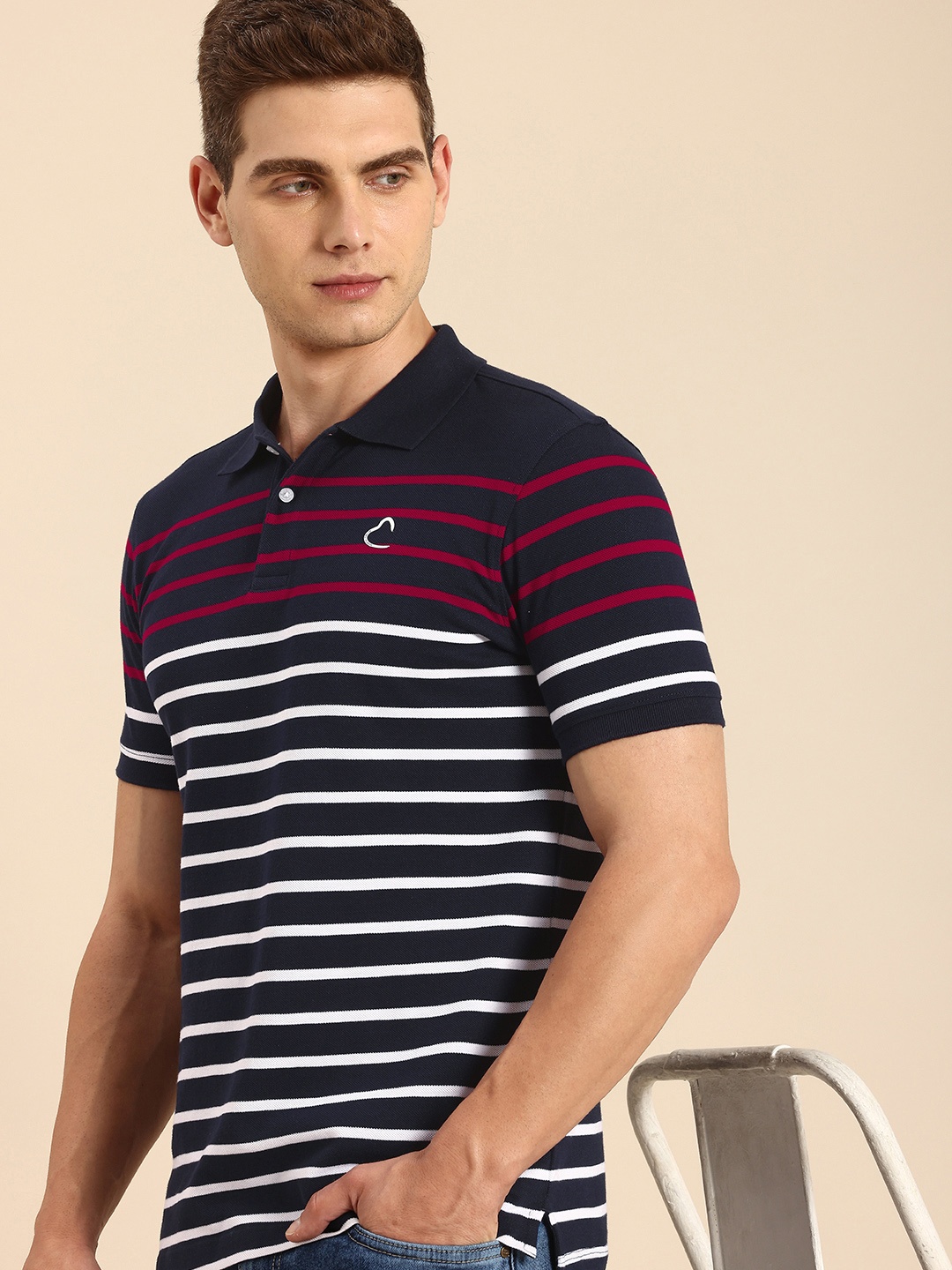 

Being Human Striped Polo Collar Pure Cotton T-shirt, Navy blue