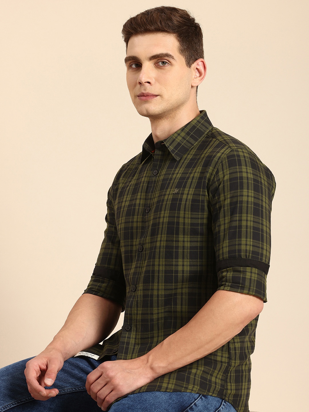 

Being Human Pure Cotton Slim Fit Opaque Checked Casual Shirt, Olive