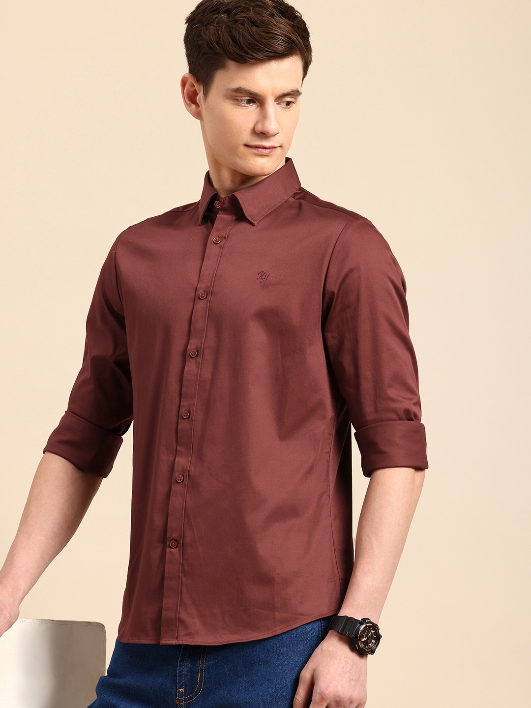 Being Human Slim Fit Button-Down Collar Casual Shirt, Maroon
