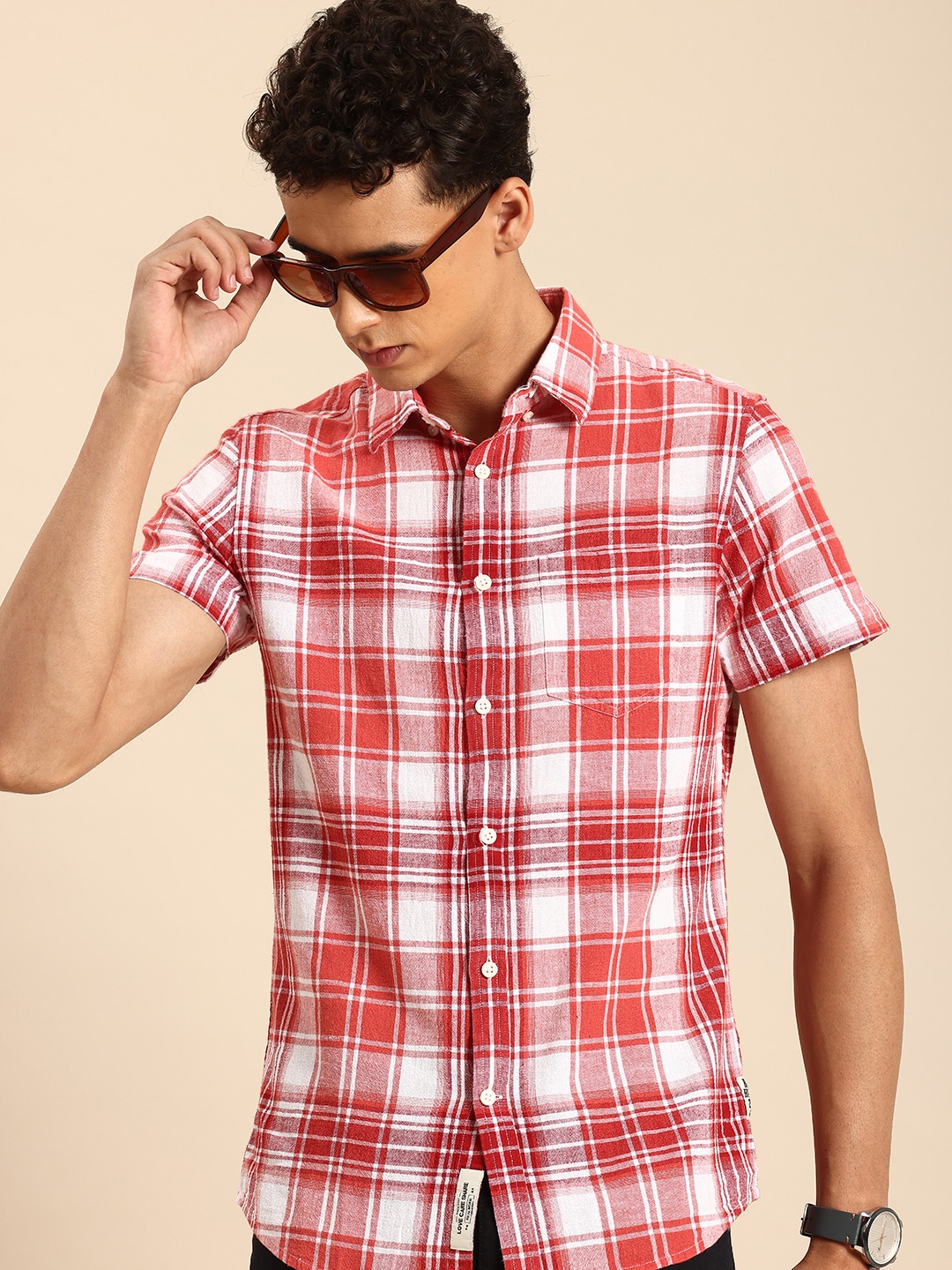 

Being Human Cotton Linen Slim Fit Tartan Checks Opaque Casual Shirt, Red