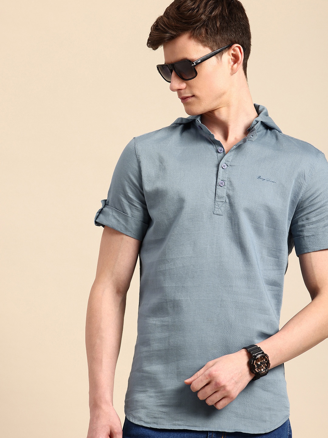 

Being Human Slim Fit Band Collar Roll-Up Sleeves Cotton Linen Casual Shirt, Blue