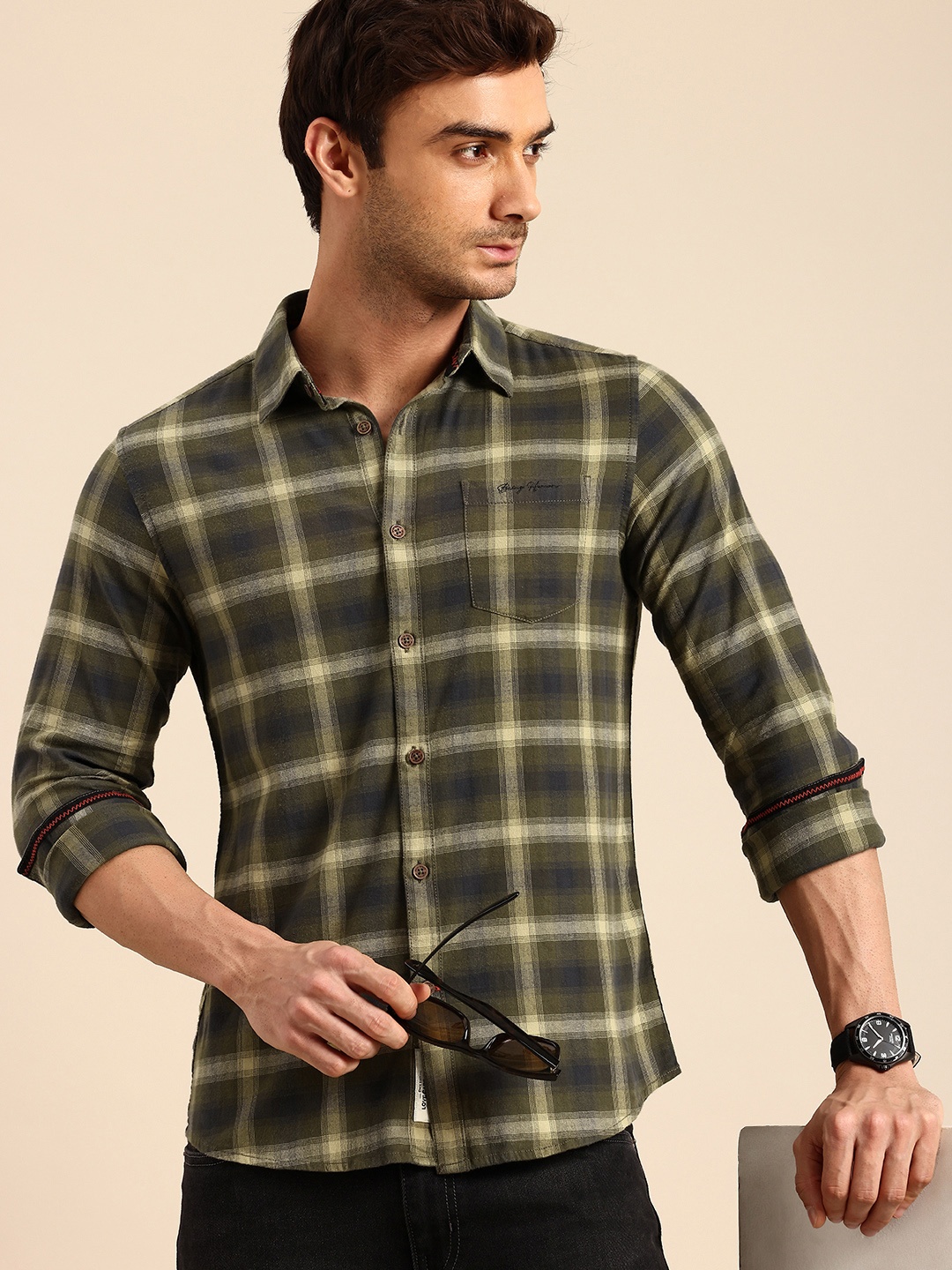 

Being Human Slim Fit Opaque Checked Casual Shirt, Olive