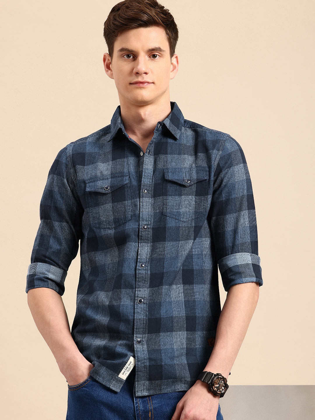

Being Human Slim Fit Self Checked Pure Cotton Casual Shirt, Blue