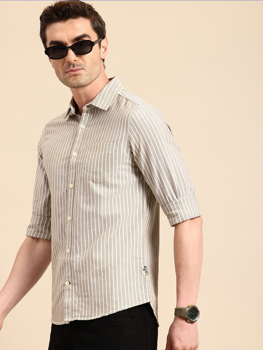 

Being Human Slim Fit Self Striped Pure Cotton Casual Shirt, Olive
