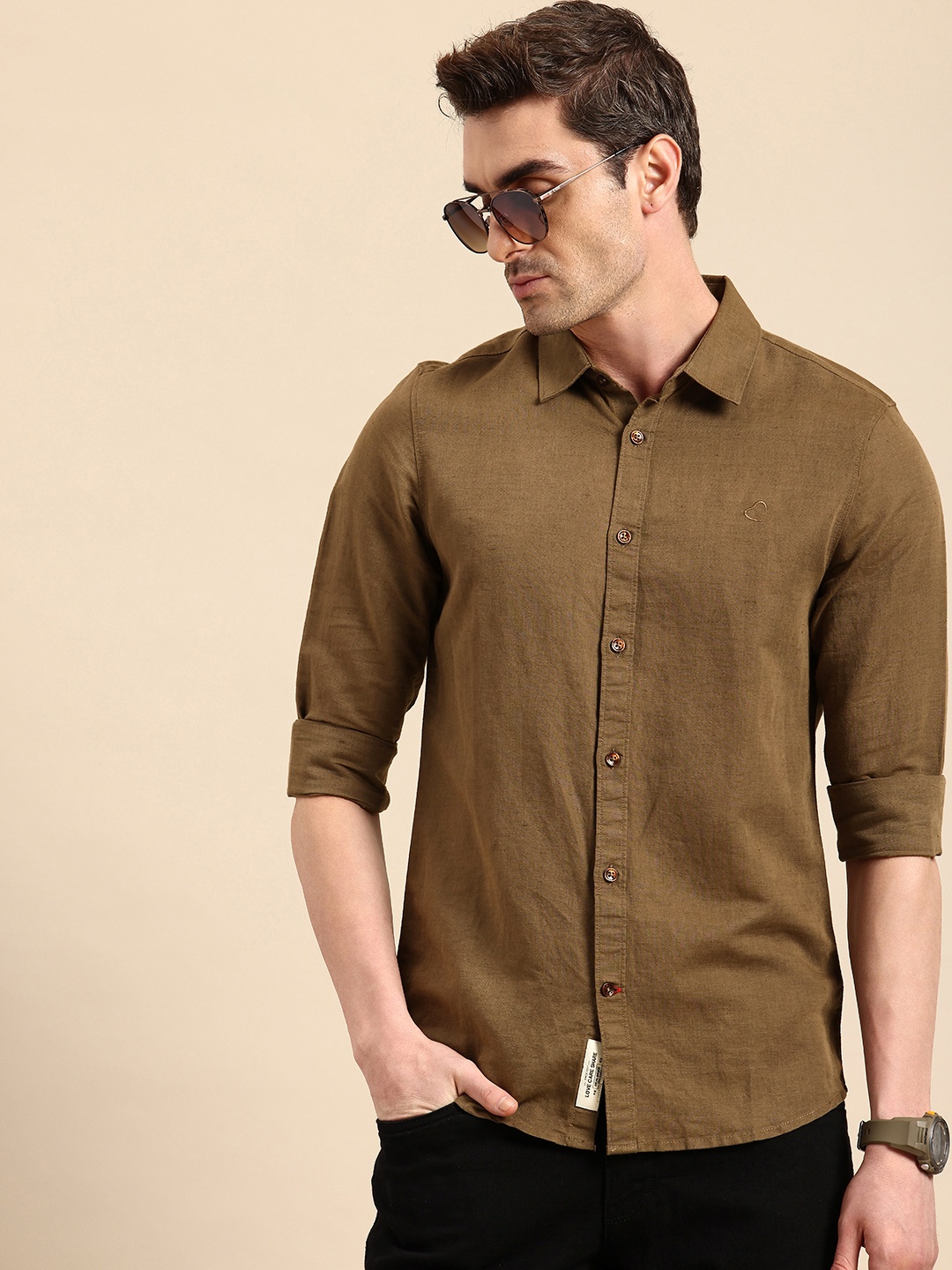 

Being Human Slim Fit Linen Cotton Casual Shirt, Olive