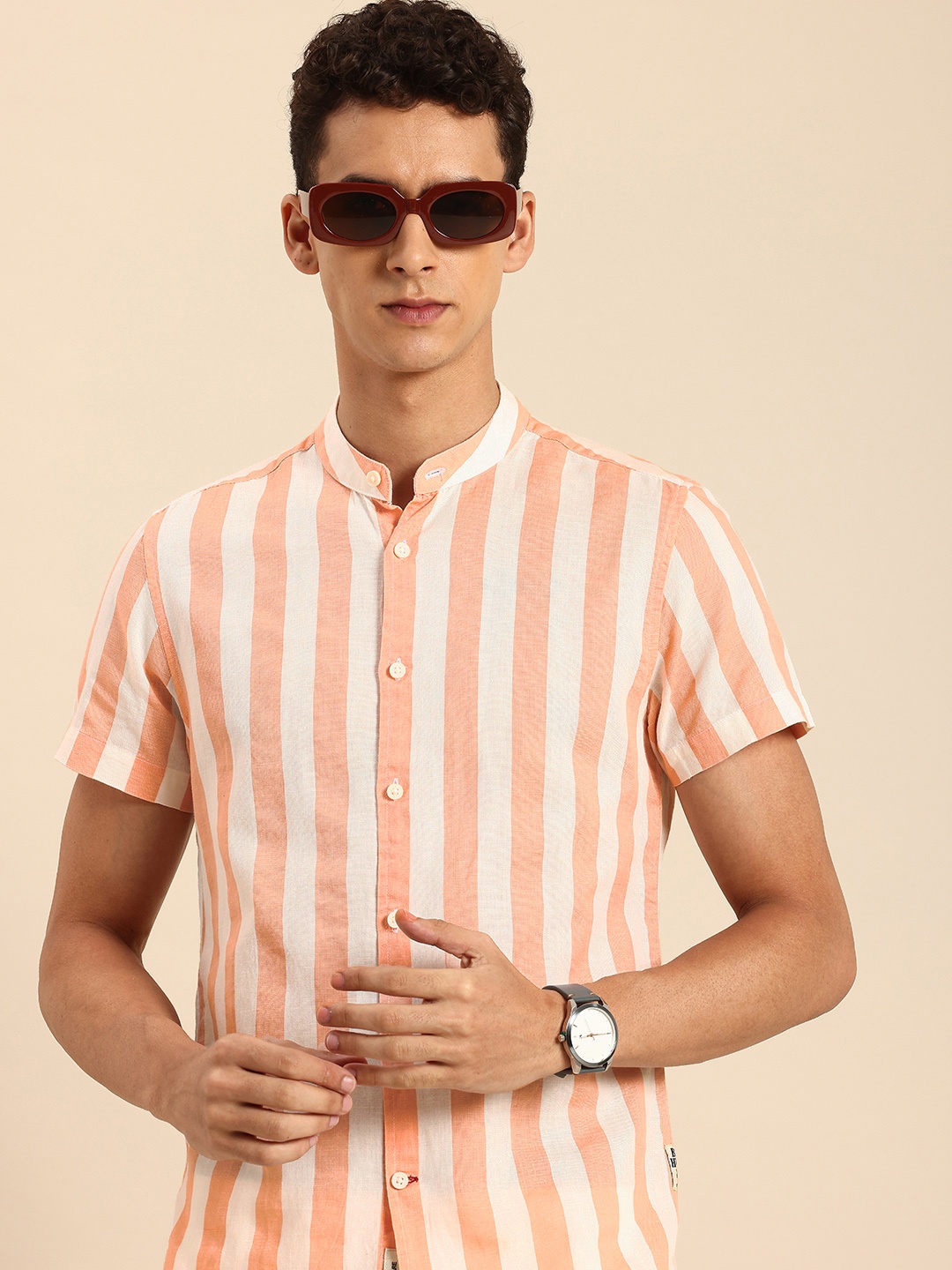 

Being Human Cotton Linen Classic Slim Fit Opaque Striped Casual Shirt, Peach