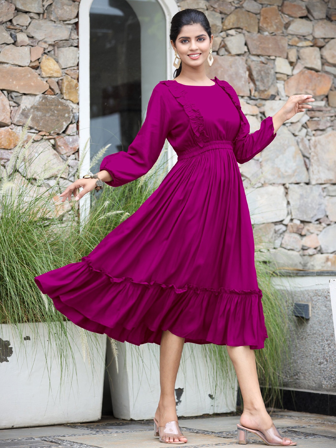 

Femvy Puff Sleeves Fit & Flare Midi Dress, Magenta