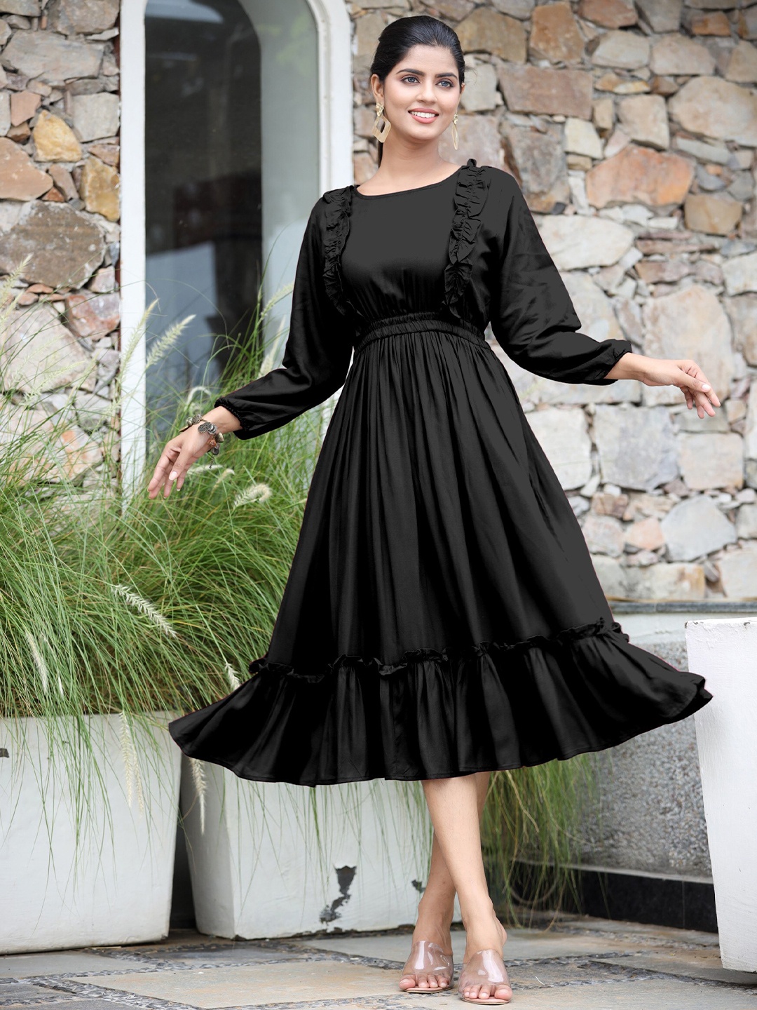 

Femvy Puff Sleeves Fit & Flare Midi Dress, Black