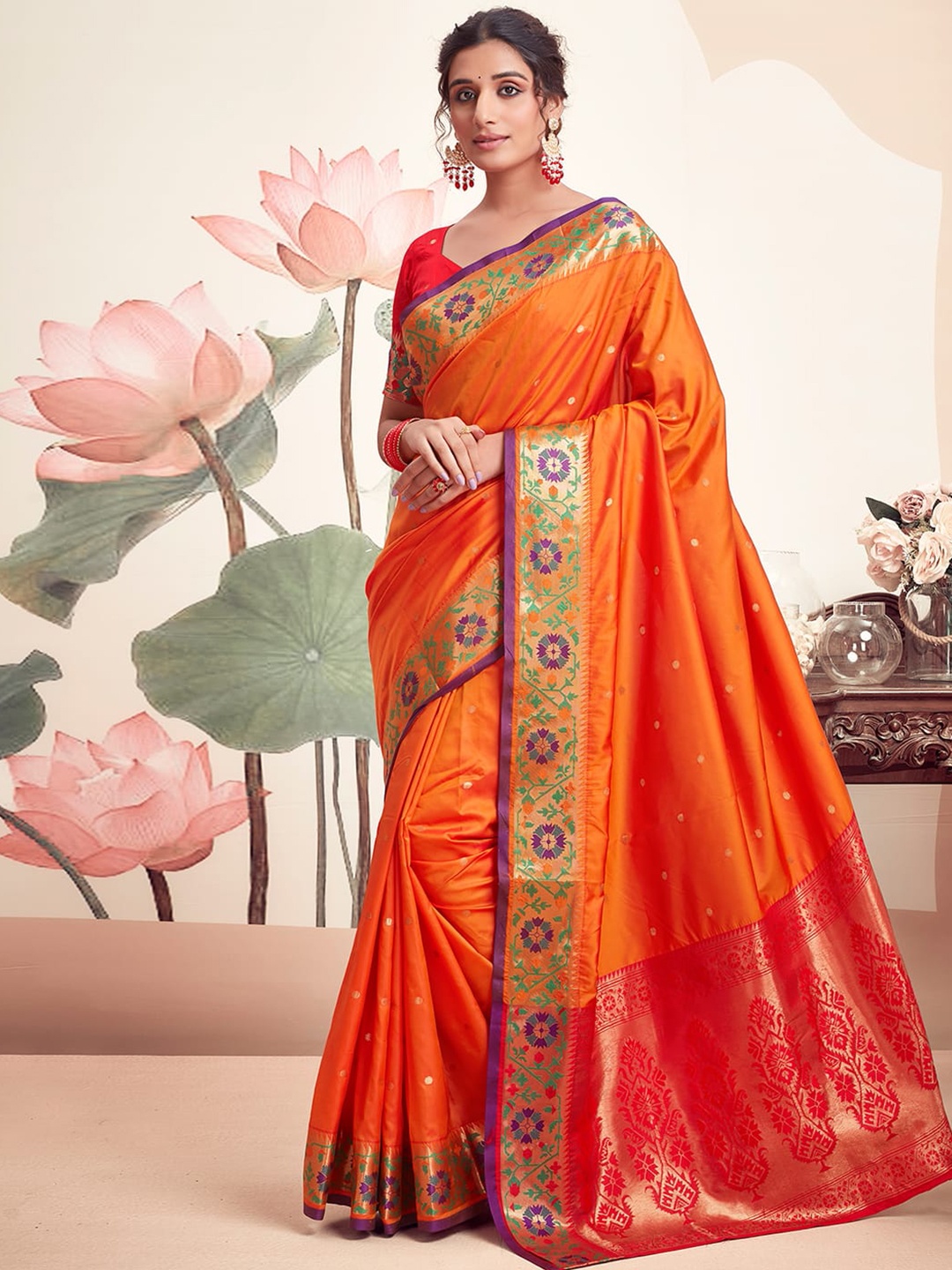 

Satrani Woven Design Zari Silk Blend Banarasi Saree, Orange