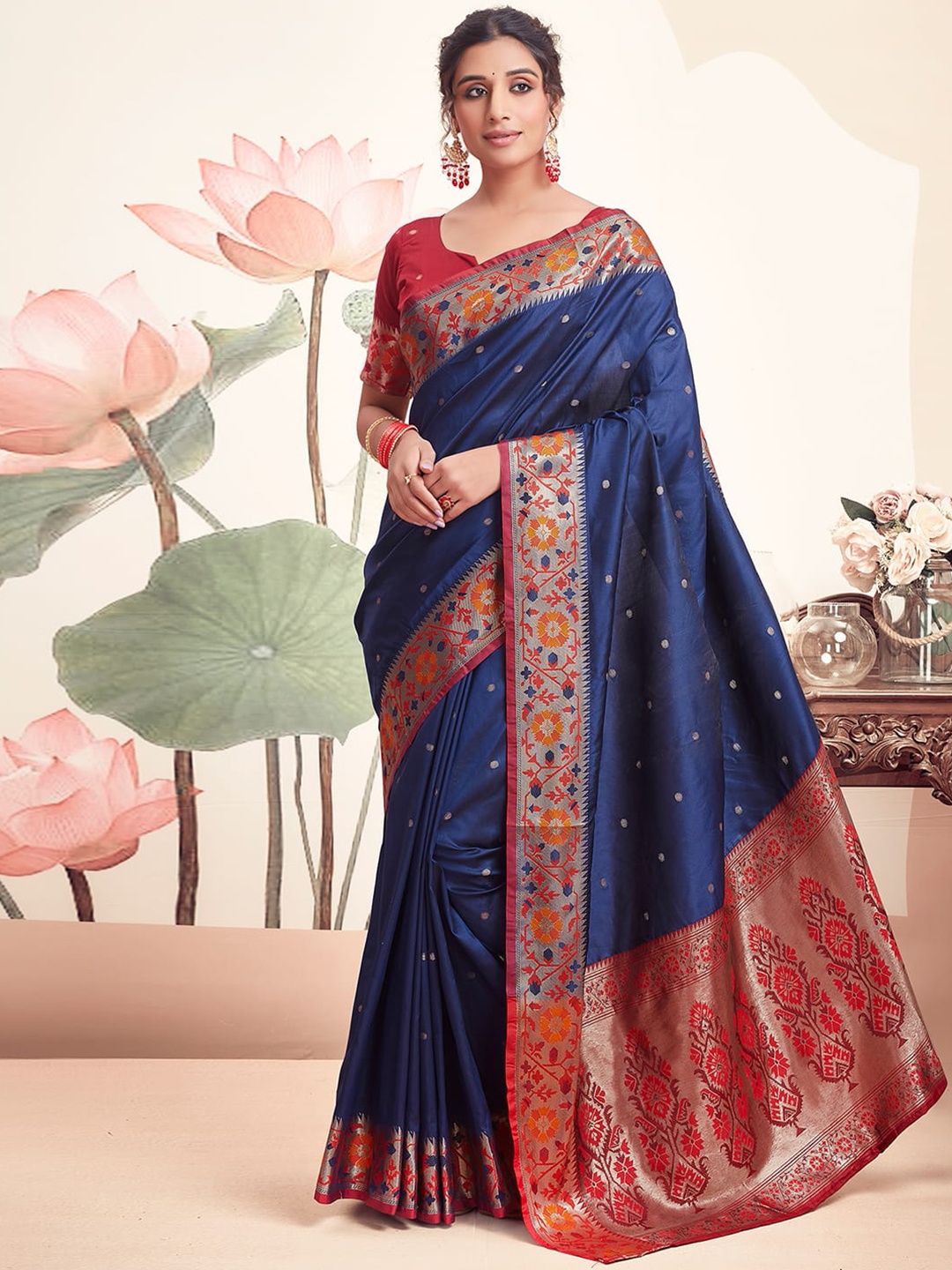 

Satrani Woven Design Zari Silk Blend Banarasi Saree, Blue