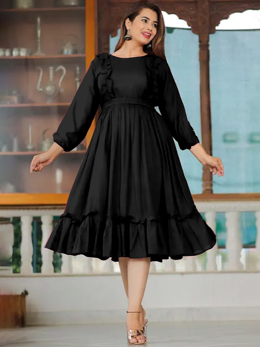 

Femvy Puff Sleeves Fit & Flare Midi Dress, Black