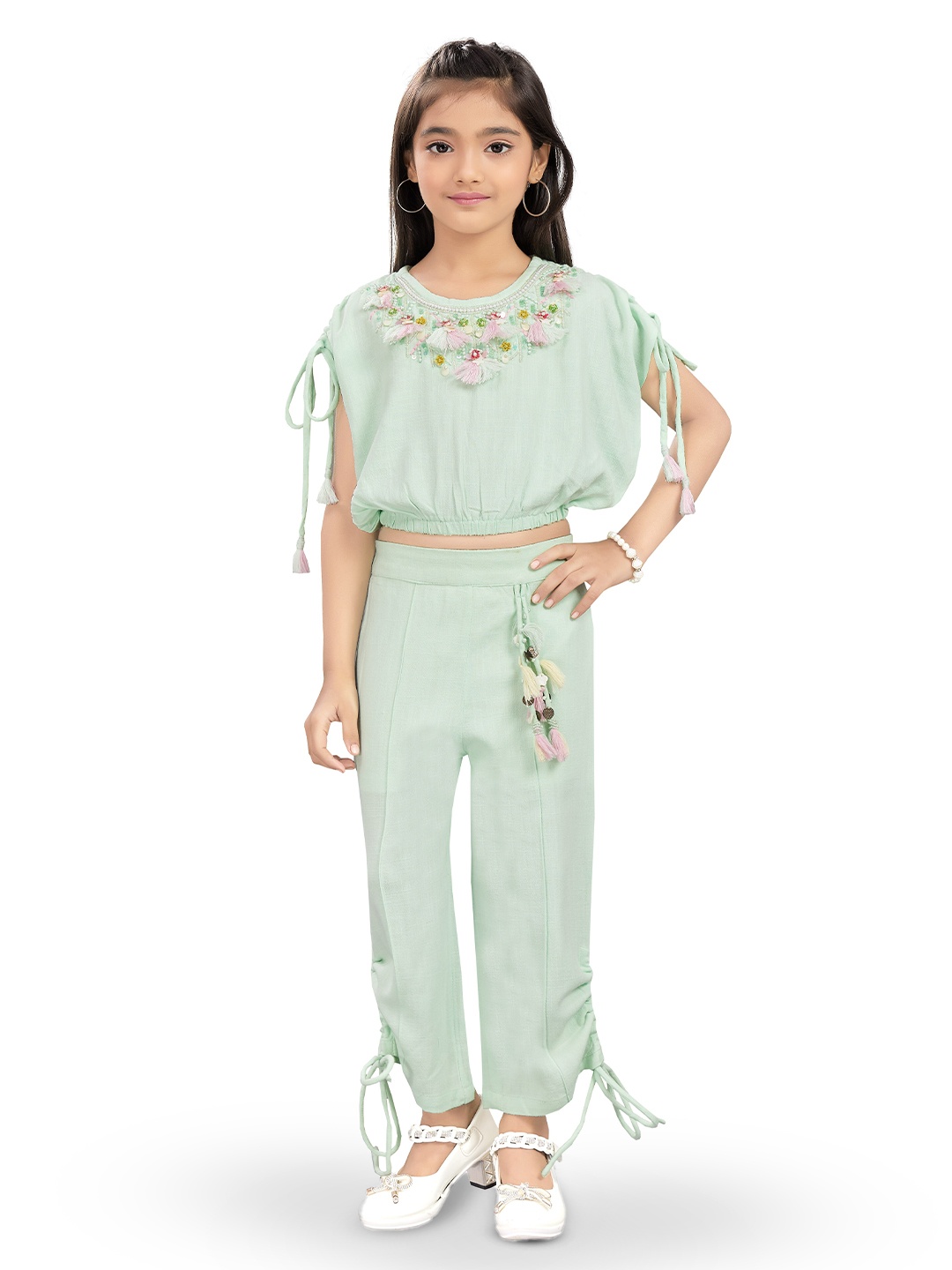 

Hunny Bunny Girls Embellished Pure Cotton Top with Trousers, Green