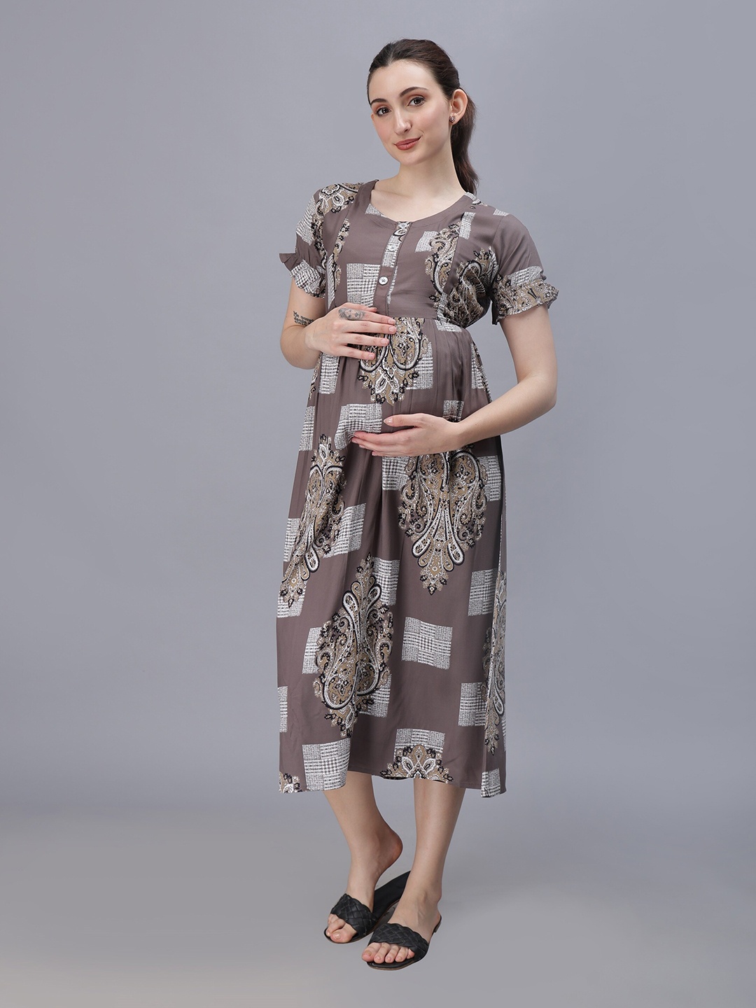 

NIGHTSPREE Ethnic Motifs Printed Maternity Empire Midi Dress, Brown