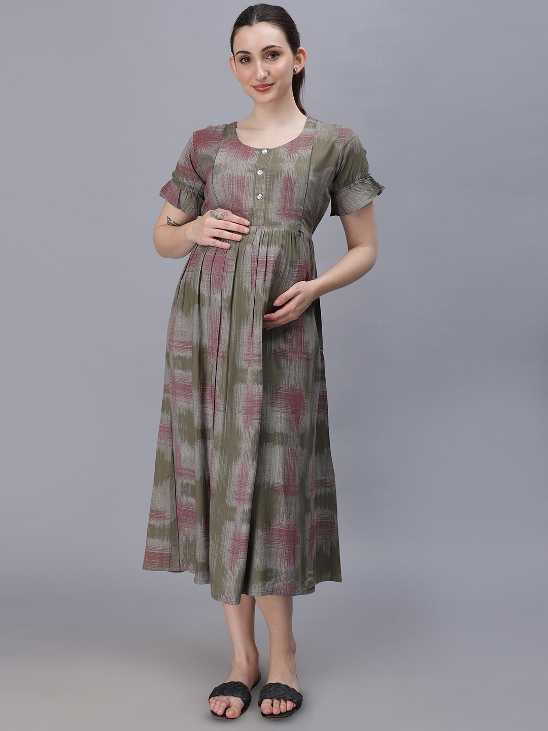 

NIGHTSPREE Abstract Printed Round Neck Maternity Fit & Flare Midi Dress, Olive