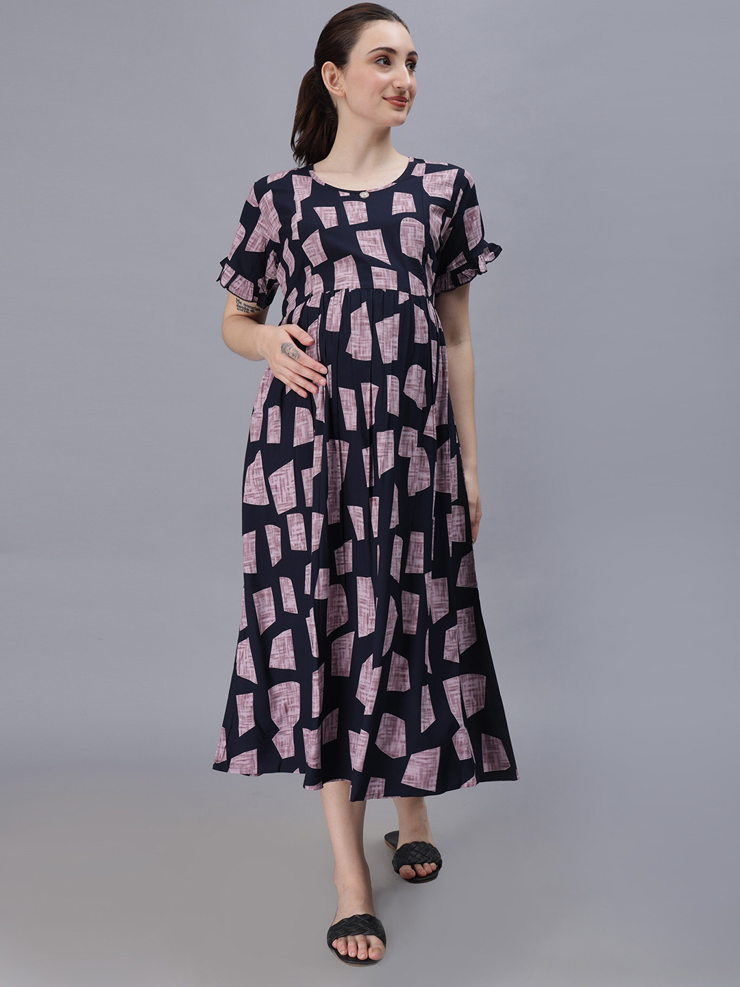 

NIGHTSPREE Geometric Printed Round Neck Puff Sleeve Maternity A-Line Midi Dress, Navy blue